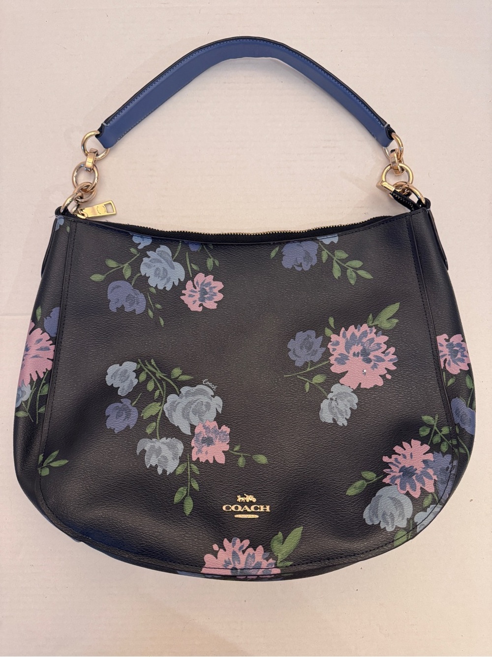 COACH Elle Hobo Bag In Painted Peony Blue Floral Print Leather F72844
